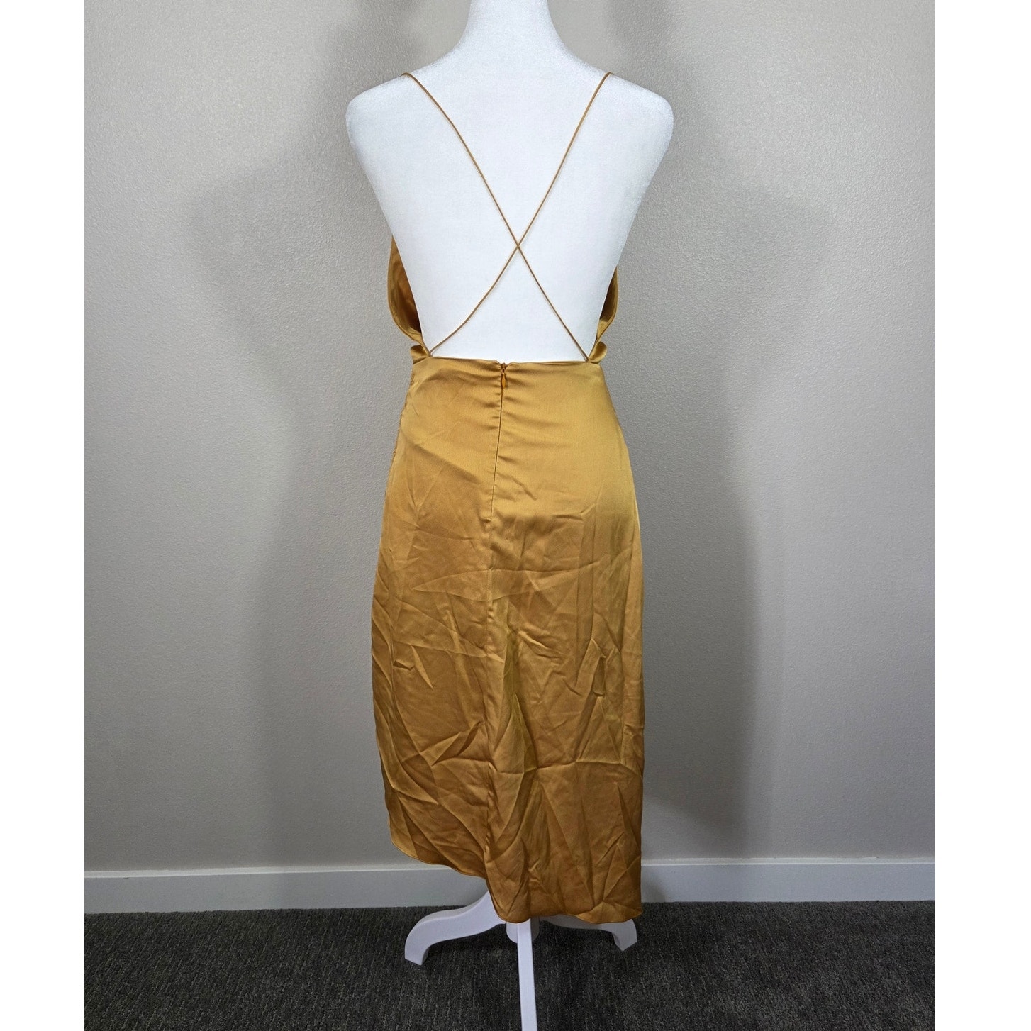 21six Couture Luxury Gold Satin Cowl Neck Asymmetrical Midi Slip Dress Small — image 2 of 8